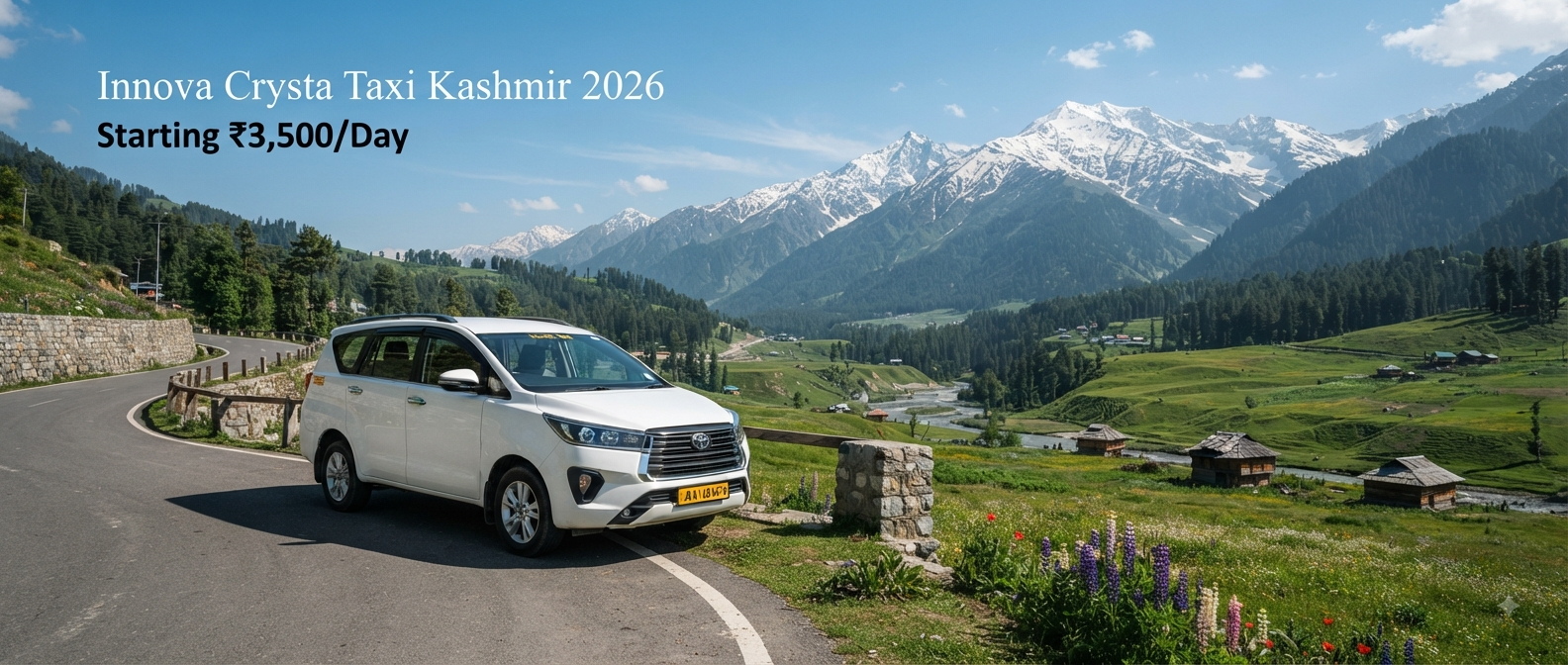 Innova Crysta taxi in Kashmir - premium white SUV on scenic mountain road