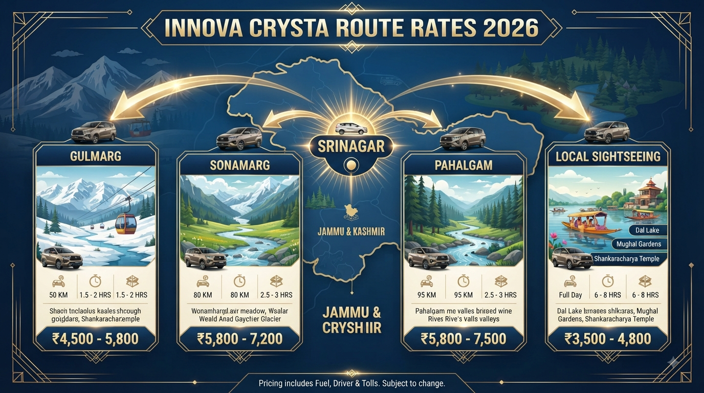 Innova Crysta taxi in Kashmir - route pricing infographic
