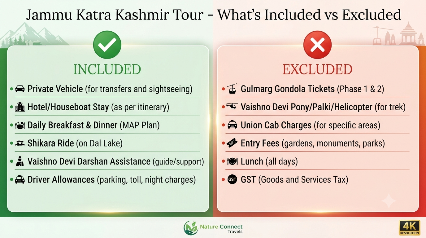 Jammu Katra Kashmir tour itinerary - inclusions vs exclusions 