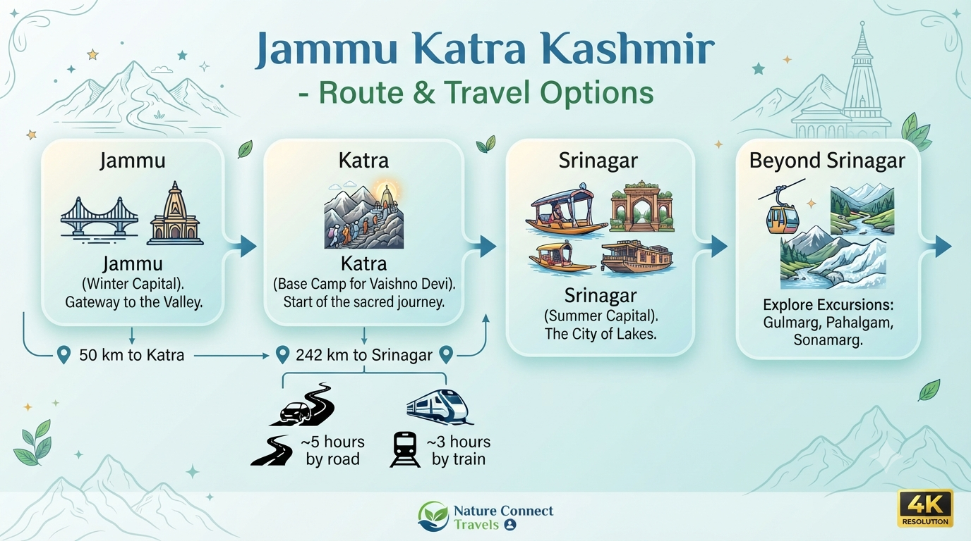 Jammu Katra Kashmir tour itinerary - route and distance infographic.