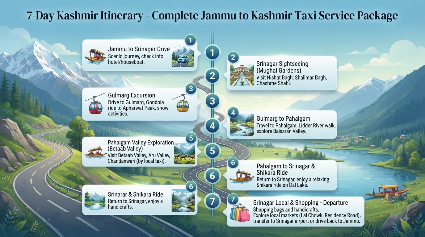 Jammu to Kashmir Taxi Service Package 2026 | ₹2,800+ | Sedan, SUV & Tempo 12 Jammu to Kashmir taxi service package - 7-day itinerary infographic covering Srinagar, Gulmarg, and Pahalgam