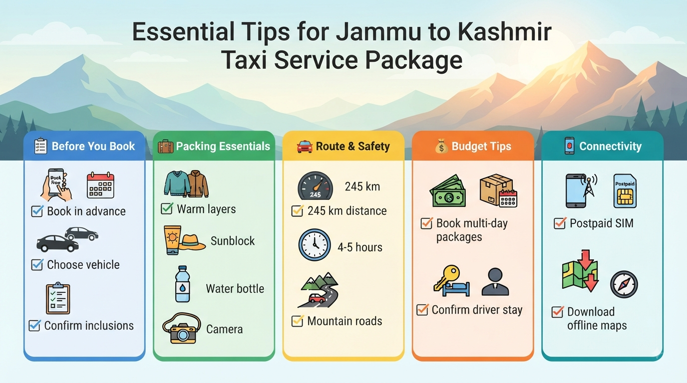 Jammu to Kashmir Taxi Service Package 2026 | ₹2,800+ | Sedan, SUV & Tempo 14 Jammu to Kashmir taxi service package - essential travel tips infographic for booking and safety