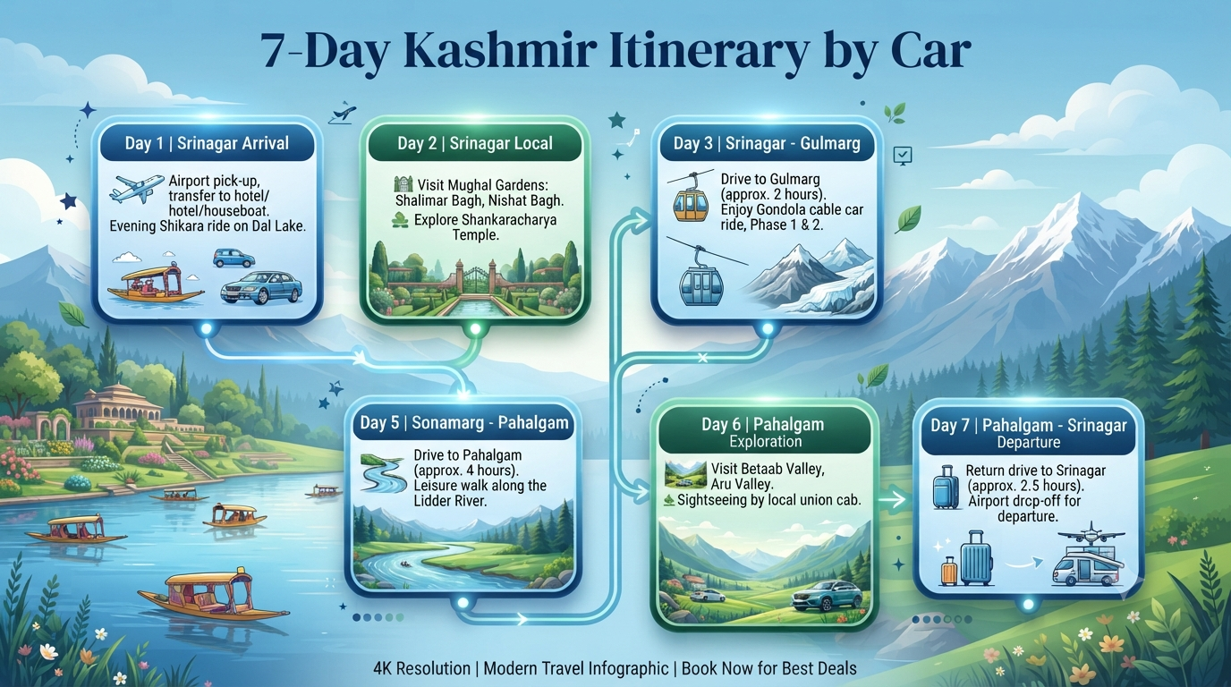 Kashmir 7 Day Tour Package by Car 2026 | ₹18,000-₹2,00,000+ 10 Kashmir 7 day tour package by car - 7-day itinerary infographic Srinagar Gulmarg Pahalgam Sonamarg