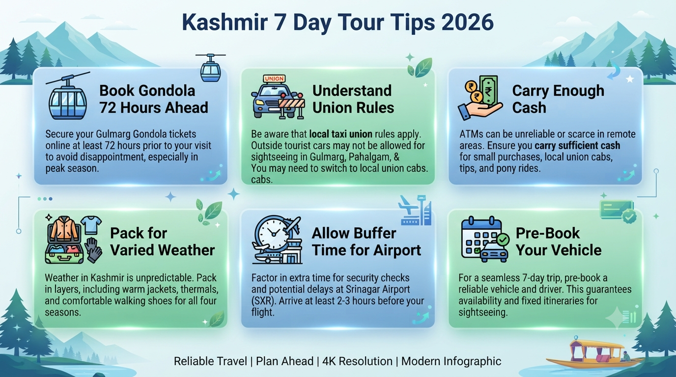 Kashmir 7 Day Tour Package by Car 2026 | ₹18,000-₹2,00,000+ 11 Kashmir 7 day tour package by car - essential travel tips infographic