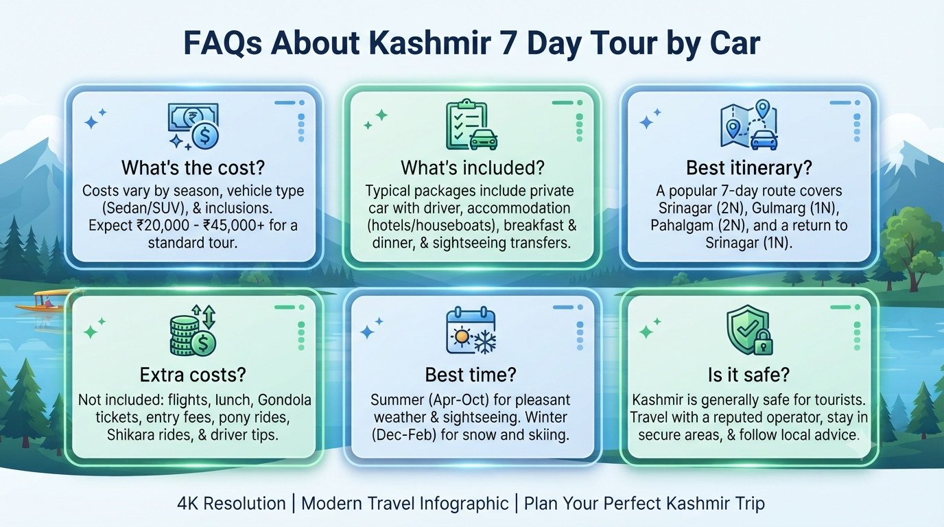 Kashmir 7 Day Tour Package by Car 2026 | ₹18,000-₹2,00,000+ 12 Kashmir 7 day tour package by car - frequently asked questions infographic