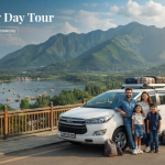 Kashmir 7 day tour package by car - private SUV with travelers at scenic Kashmir viewpoint Nature Connect Travels