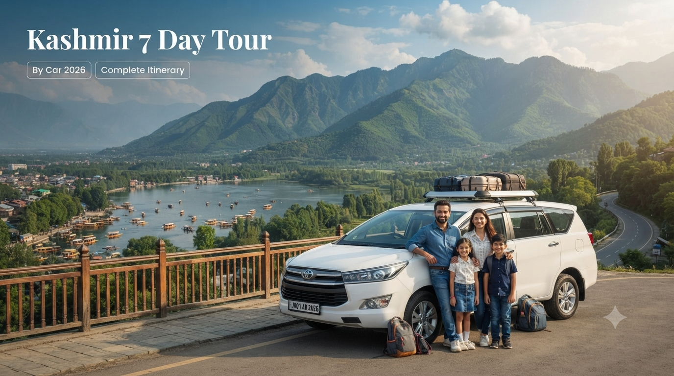 Kashmir 7 day tour package by car - private SUV with travelers at scenic Kashmir viewpoint Nature Connect Travels