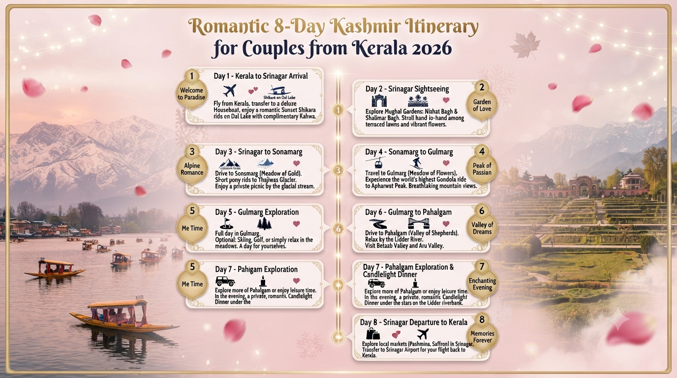 Kashmir 7 Nights 8 Days Itinerary Kerala for Couple 2026 | ₹28K-₹3L+ 12 Kashmir 7 nights 8 days itinerary Kerala for couple - romantic 8-day itinerary infographic