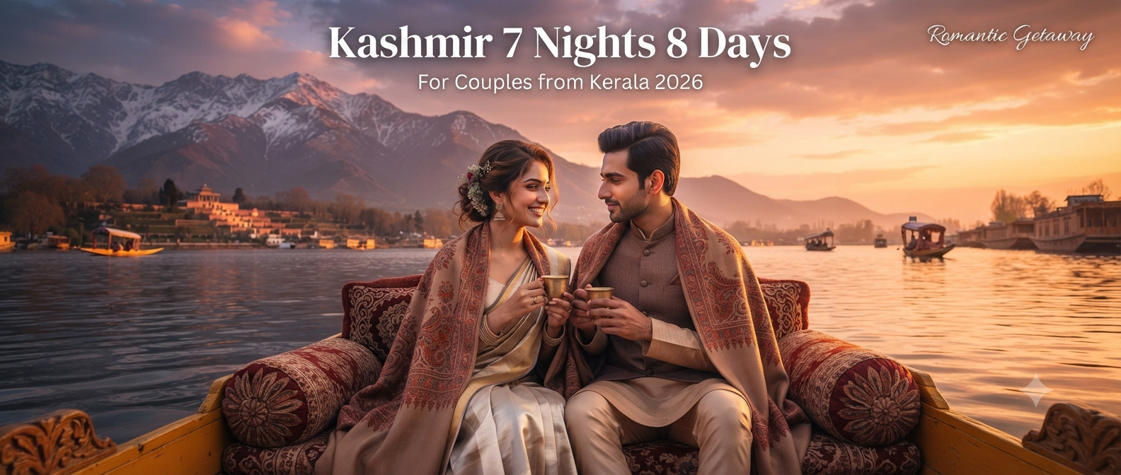 Kashmir 7 nights 8 days itinerary Kerala for couple - romantic couple on shikara Dal Lake sunset Nature Connect Travels