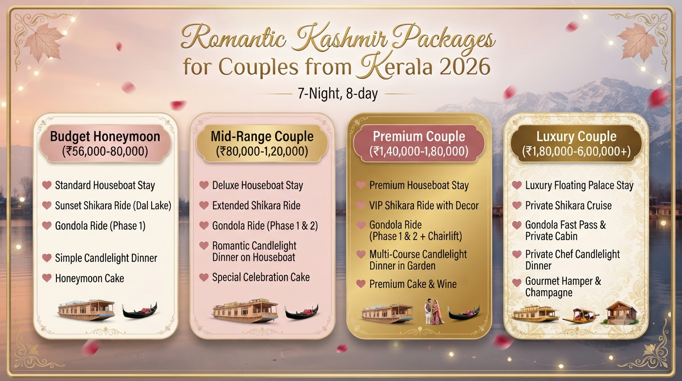 Kashmir 7 Nights 8 Days Itinerary Kerala for Couple 2026 | ₹28K-₹3L+ 11 Kashmir 7 nights 8 days itinerary Kerala for couple - romantic package comparison infographic