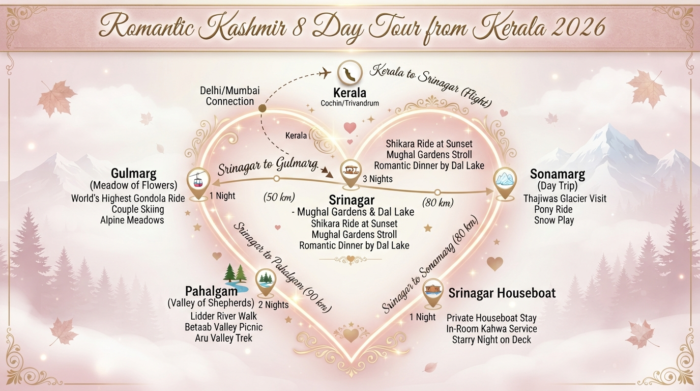 Kashmir 7 Nights 8 Days Itinerary Kerala for Couple 2026 | ₹28K-₹3L+ 10 Kashmir 7 nights 8 days itinerary Kerala for couple - romantic tour overview infographic