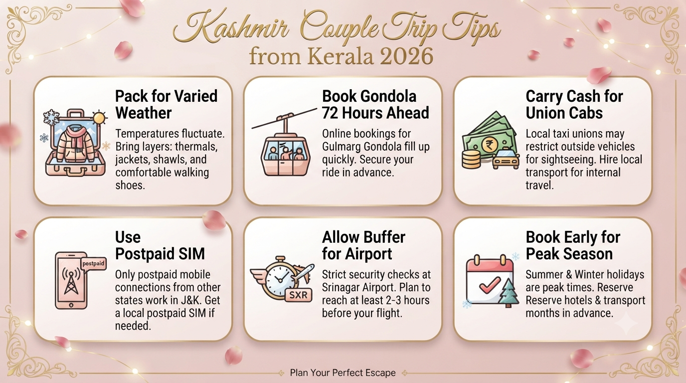 Kashmir 7 Nights 8 Days Itinerary Kerala for Couple 2026 | ₹28K-₹3L+ 15 Kashmir 7 nights 8 days itinerary Kerala for couple - travel tips infographic