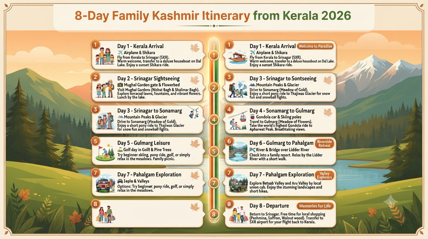 Kashmir 7 Nights 8 Days Itinerary Kerala for Family 2026 | ₹28K-₹48K 12 Kashmir 7 nights 8 days itinerary Kerala for family - 8-day family itinerary infographic