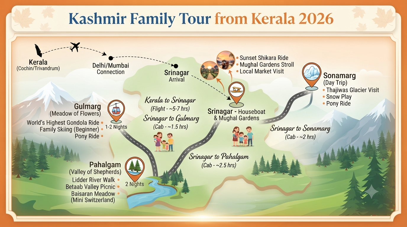 Kashmir 7 Nights 8 Days Itinerary Kerala for Family 2026 | ₹28K-₹48K 10 Kashmir 7 nights 8 days itinerary Kerala for family - family tour overview infographic