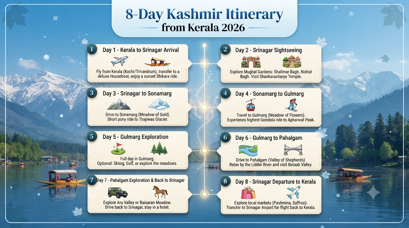 Kashmir 7 Nights 8 Days Itinerary Kerala Price 2026 | ₹22K-₹3L+ 11 Kashmir 7 nights 8 days itinerary Kerala price - 8-day itinerary infographic