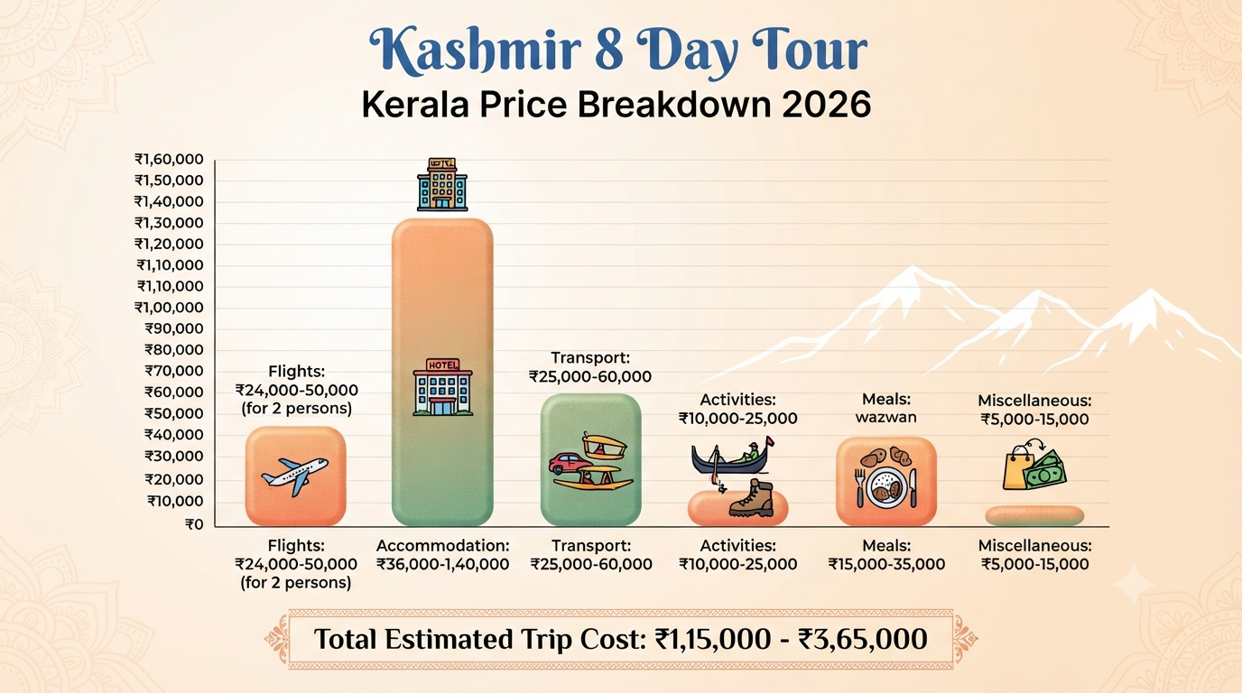 Kashmir 7 Nights 8 Days Itinerary Kerala Price 2026 | ₹22K-₹3L+ 10 Kashmir 7 nights 8 days itinerary Kerala price - cost breakdown infographic