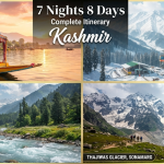 Kashmir 7 nights 8 days itinerary Kerala price - scenic collage of Dal Lake Gulmarg Gondola Pahalgam Sonamarg Nature Connect Travels