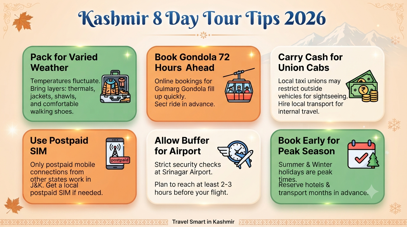 Kashmir 7 Nights 8 Days Itinerary Kerala Price 2026 | ₹22K-₹3L+ 13 Kashmir 7 nights 8 days itinerary Kerala price - travel tips infographic