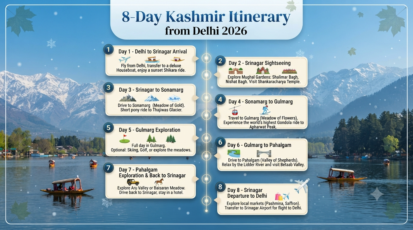 Kashmir 7 Nights 8 Days Itinerary from Delhi 2026 | ₹18K-₹2.5L+ 11 Kashmir 7 nights 8 days itinerary from Delhi - 8-day itinerary infographic