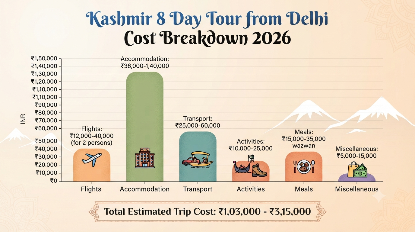 Kashmir 7 Nights 8 Days Itinerary from Delhi 2026 | ₹18K-₹2.5L+ 10 Kashmir 7 nights 8 days itinerary from Delhi - cost breakdown infographic