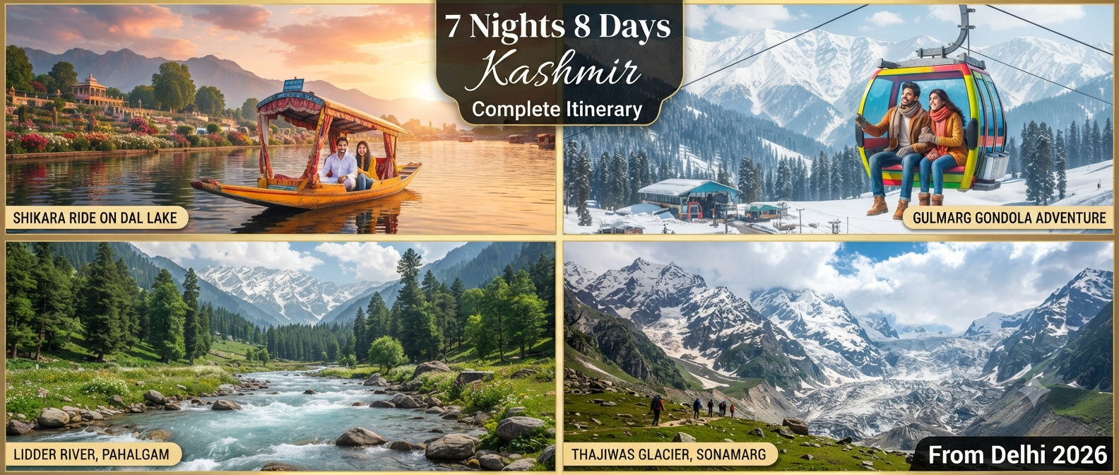 Kashmir 7 nights 8 days itinerary from Delhi - scenic collage of Dal Lake Gulmarg Gondola Pahalgam Sonamarg Nature Connect Travels