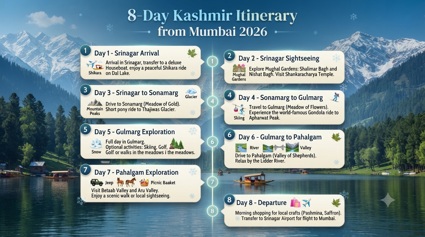 Kashmir 7 Nights 8 Days Itinerary from Mumbai 2026 | ₹35K-₹2L+ 10 Kashmir 7 nights 8 days itinerary from Mumbai - 8-day itinerary infographic