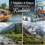Kashmir 7 nights 8 days itinerary from Mumbai - scenic collage of Dal Lake Gulmarg Gondola Pahalgam Sonamarg Nature Connect Travels