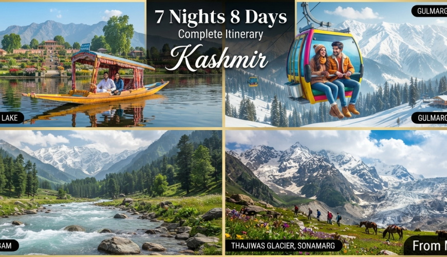 Kashmir 7 nights 8 days itinerary from Mumbai - scenic collage of Dal Lake Gulmarg Gondola Pahalgam Sonamarg Nature Connect Travels