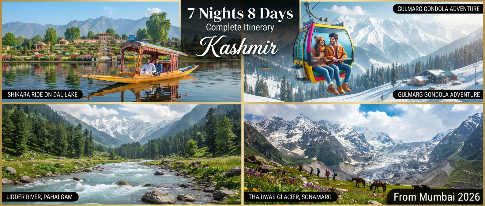 Kashmir 7 nights 8 days itinerary from Mumbai - scenic collage of Dal Lake Gulmarg Gondola Pahalgam Sonamarg Nature Connect Travels