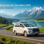 Kashmir cab service per day rates - SUV driving through scenic Kashmir valley with Nature Connect Travels.