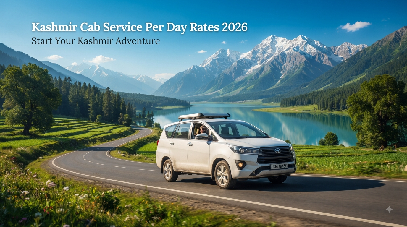 Kashmir cab service per day rates - SUV driving through scenic Kashmir valley with Nature Connect Travels.