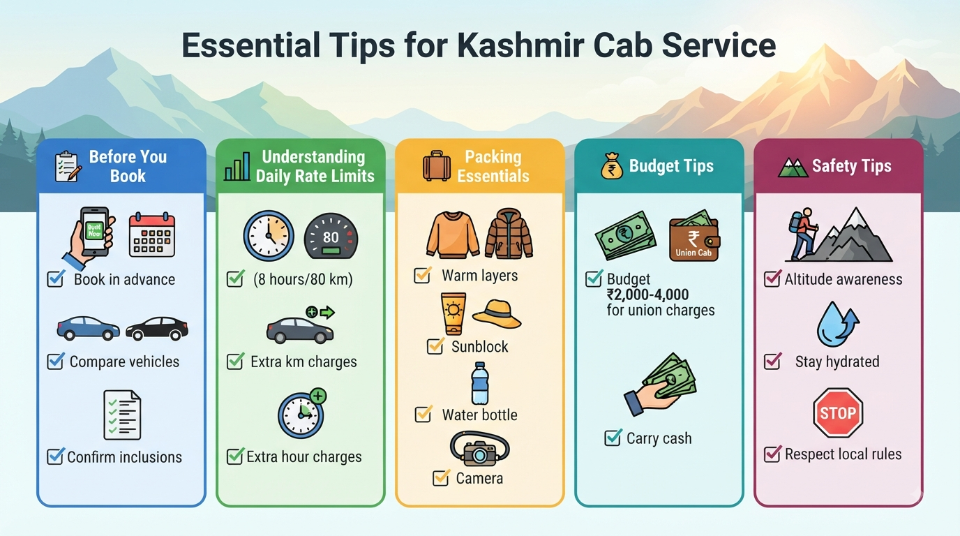 Kashmir cab service per day rates - essential travel tips infographic for booking and safety