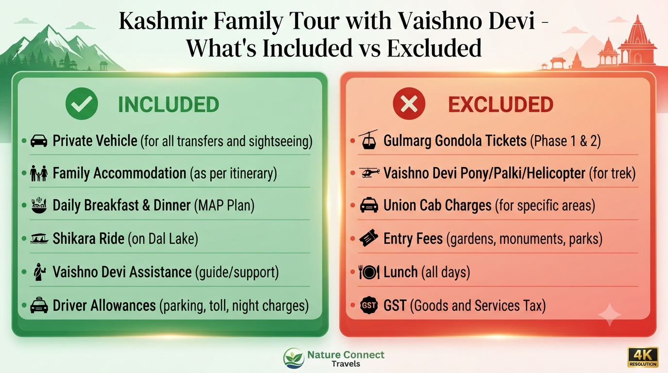 Kashmir family tour package with Vaishno Devi - family inclusions vs exclusions