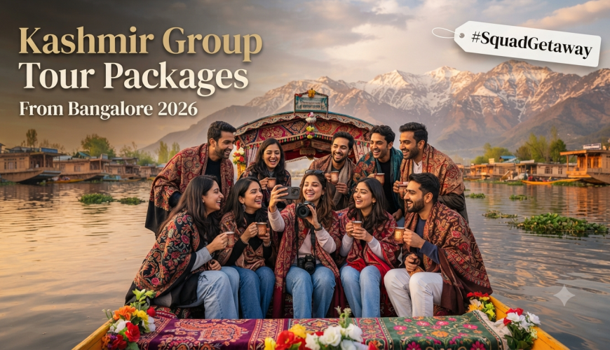 Kashmir group tour packages from Bangalore - group of friends enjoying shikara ride on Dal Lake with Nature Connect Travels