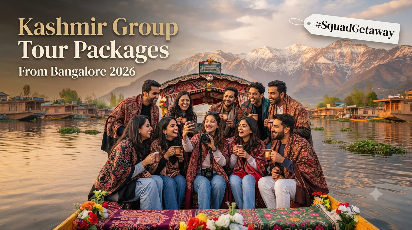 Kashmir group tour packages from Bangalore - group of friends enjoying shikara ride on Dal Lake with Nature Connect Travels