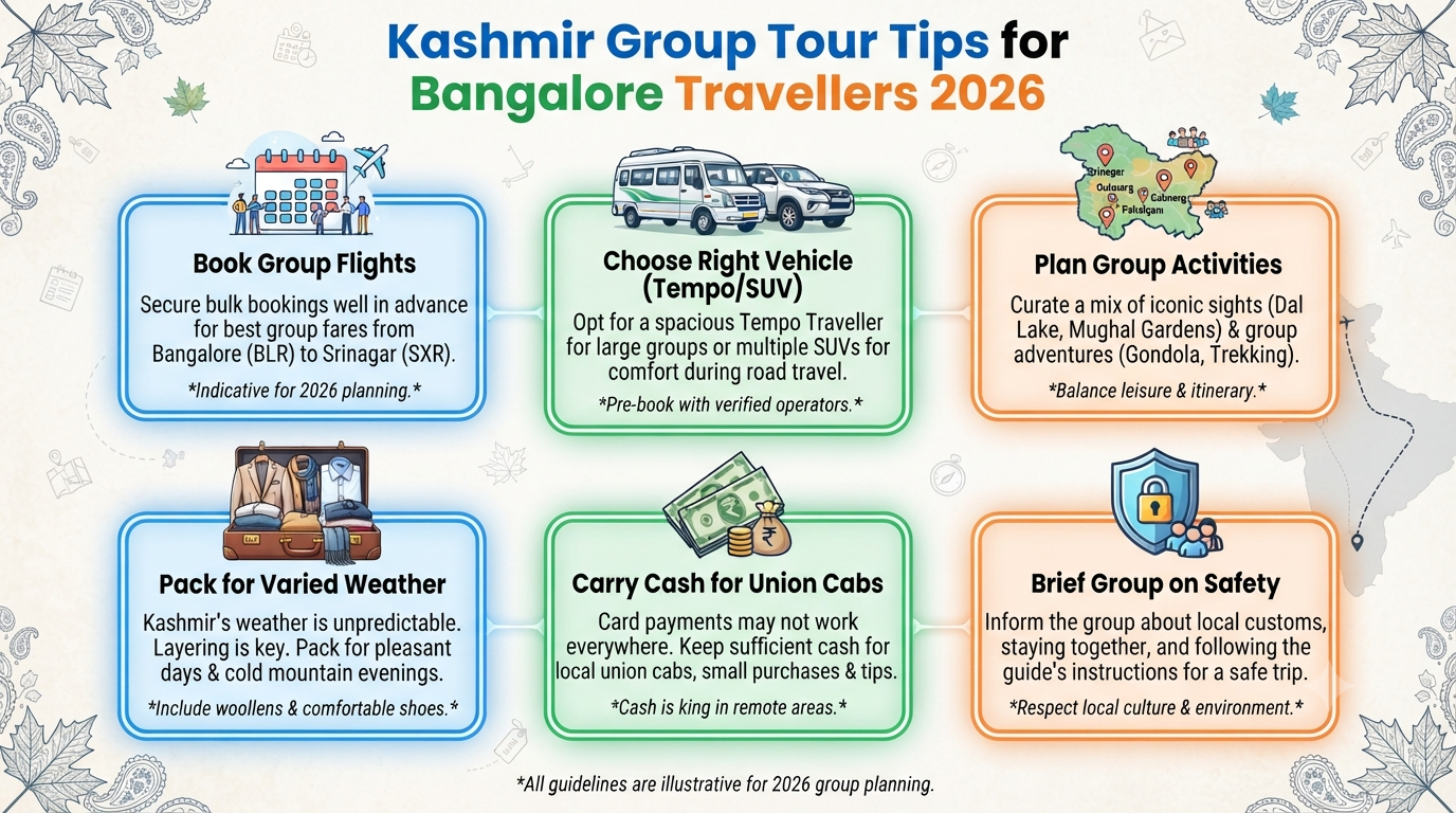 Kashmir Group Tour Packages from Bangalore 2026 | ₹13,999-₹3.5L+ 13 Kashmir group tour packages from Bangalore - group travel tips infographic