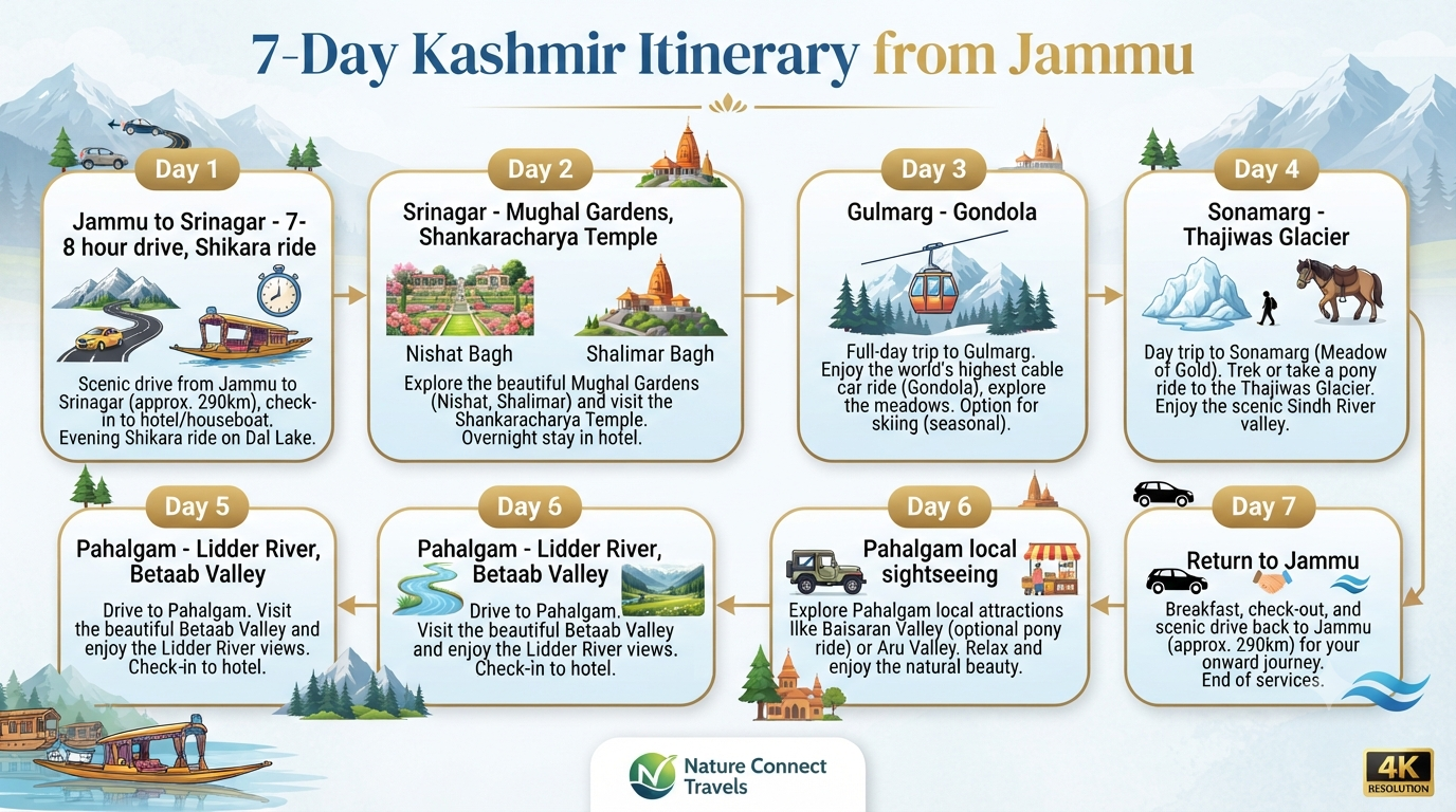 Kashmir Holiday Package from Jammu 2026 | ₹19,000+ | 6-8 Day Trips 8 Kashmir holiday package from Jammu - 7-day itinerary