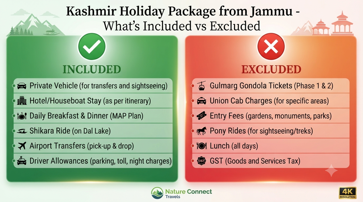 Kashmir Holiday Package from Jammu 2026 | ₹19,000+ | 6-8 Day Trips 9 Kashmir holiday package from Jammu - inclusions vs exclusions
