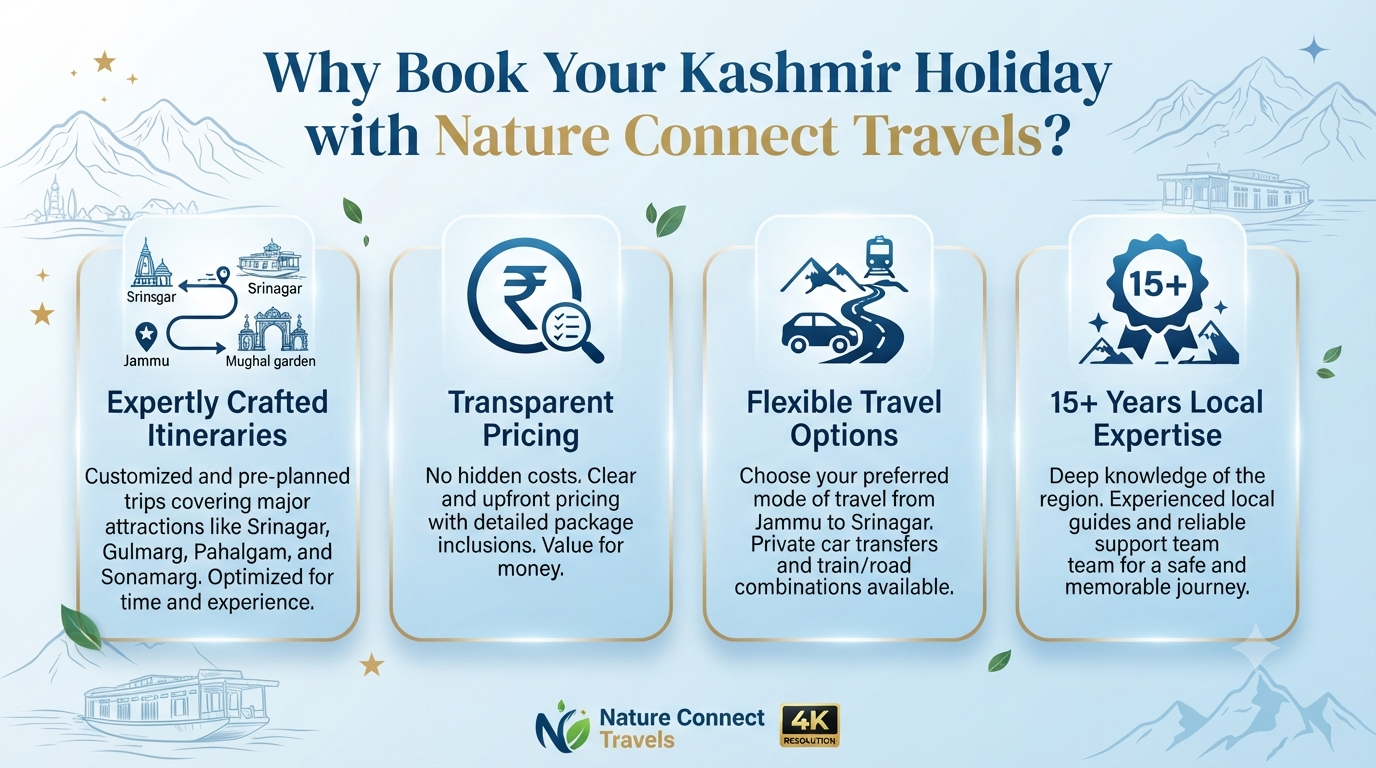Kashmir Holiday Package from Jammu 2026 | ₹19,000+ | 6-8 Day Trips 7 Kashmir holiday package from Jammu - why choose Nature Connect Travels