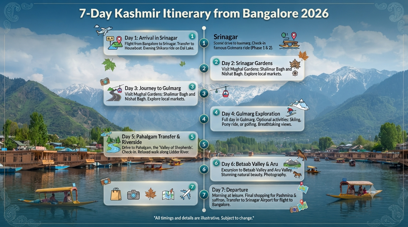 Kashmir Holiday Packages from Bangalore 2026 | ₹12,999-₹2L+ 11 Kashmir holiday packages from Bangalore - 7-day itinerary infographic