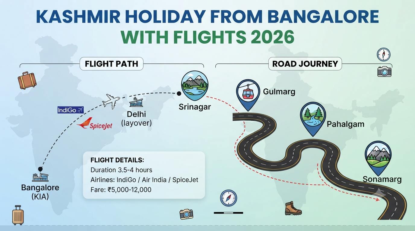 Kashmir Holiday Packages from Bangalore 2026 | ₹12,999-₹2L+ 9 Kashmir holiday packages from Bangalore - flight and tour overview infographic Bangalore to Srinagar route