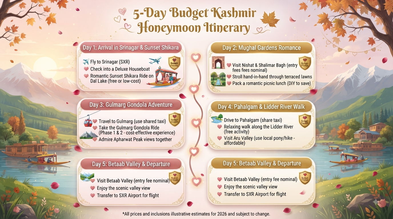Kashmir Honeymoon Package Cheap 2026 | ₹8,700-₹29,000 11 Kashmir honeymoon package cheap - 5-day budget honeymoon itinerary infographic