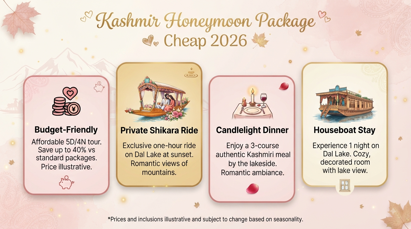 Kashmir Honeymoon Package Cheap 2026 | ₹8,700-₹29,000 9 Kashmir honeymoon package cheap - budget honeymoon overview infographic Nature Connect Travels