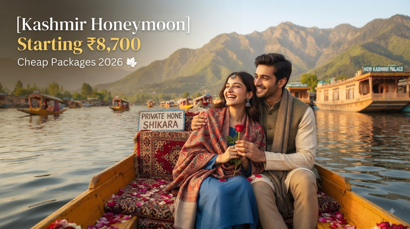 Kashmir honeymoon package cheap - romantic couple on budget shikara ride Dal Lake Nature Connect Travels