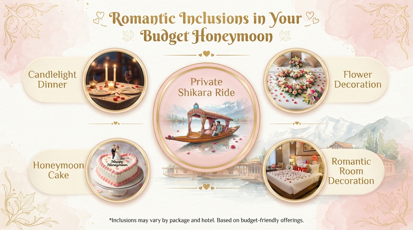Kashmir Honeymoon Package Cheap 2026 | ₹8,700-₹29,000 12 Kashmir honeymoon package cheap - romantic inclusions infographic