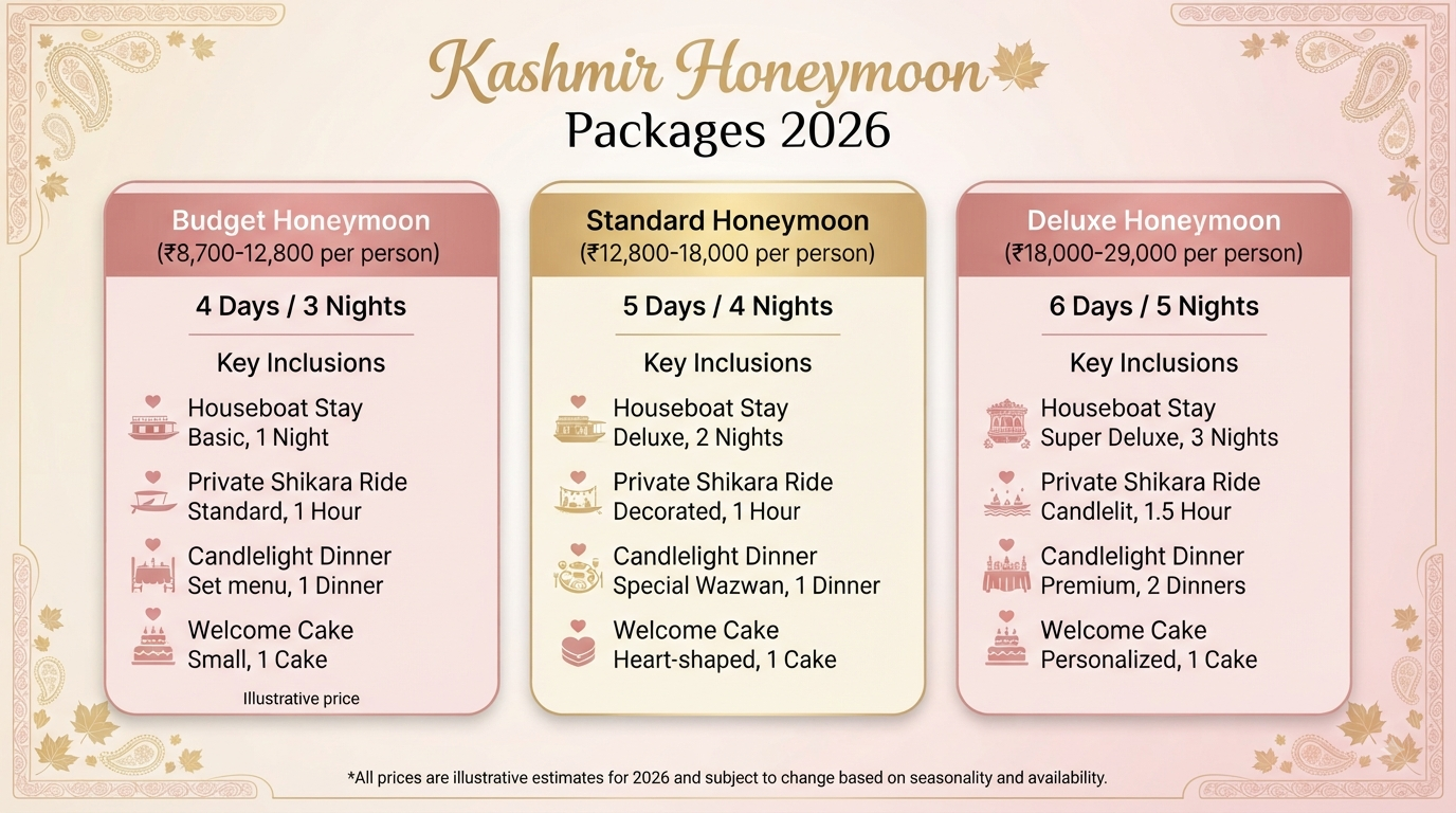 Kashmir Honeymoon Package Cheap 2026 | ₹8,700-₹29,000 10 Kashmir honeymoon package cheap - romantic package comparison infographic