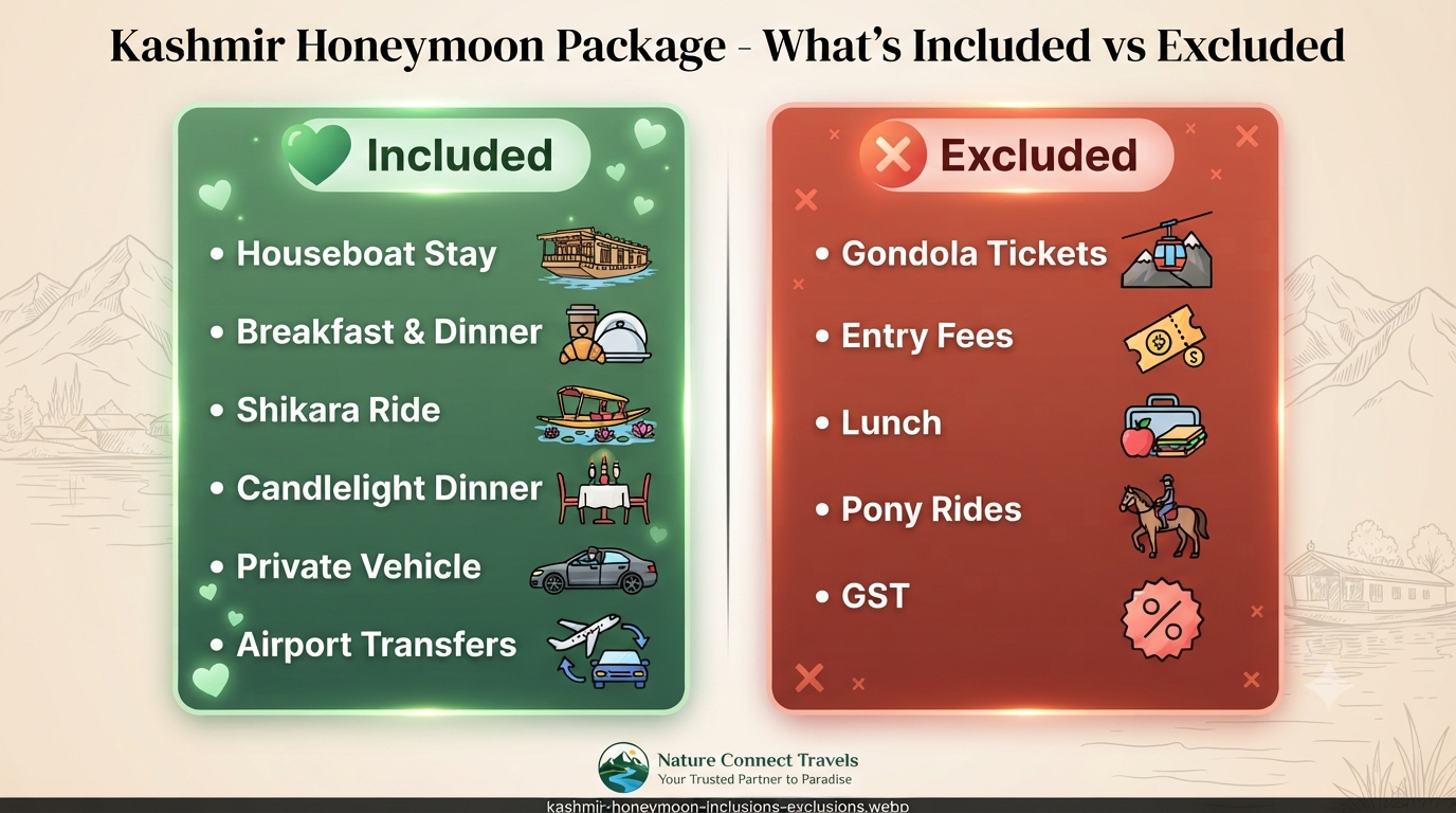 Kashmir honeymoon package for 7 days - inclusions vs exclusions