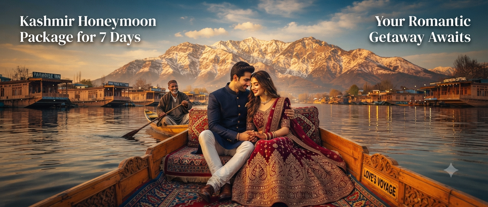 Kashmir honeymoon package for 7 days - romantic couple on shikara ride on Dal Lake at sunset with Nature Connect Travels