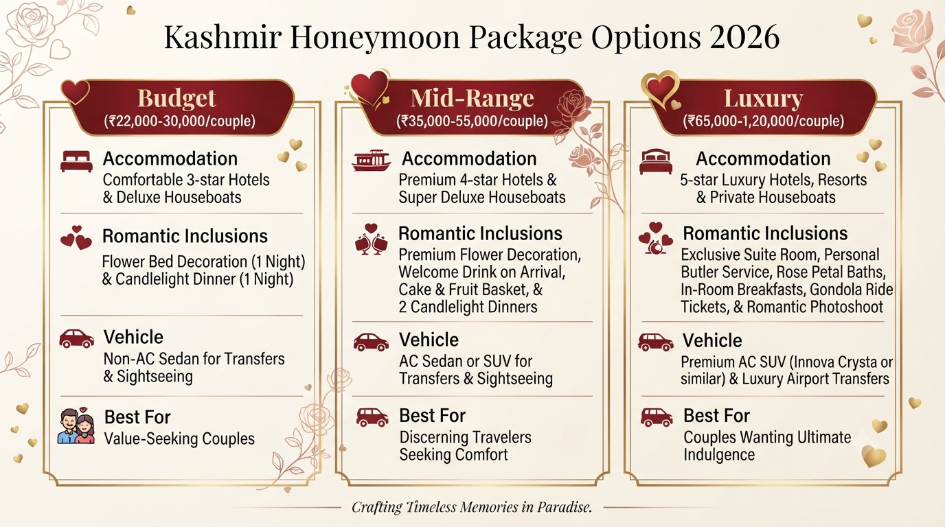 Kashmir Honeymoon Trip 2026 | ₹21,000+ | 6-7 Day Romantic Packages 11 Kashmir honeymoon trip - package comparison