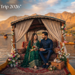 Kashmir honeymoon trip - romantic couple on shikara ride on Dal Lake at sunset with Nature Connect Travels